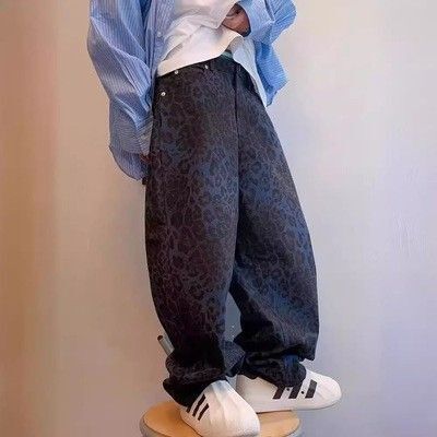 デニムパンツ 豹柄 アメリカ レオパード ジーパン ジーンズ ヒョウ柄 カジュアル レトロ ストリート メンズ オーバーサイズ