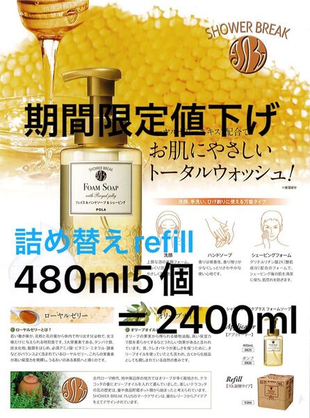 期間&個数限定値下げ!POLAシャワーブレイクフォームソープリフィル480ml5個セット