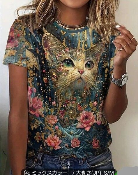 猫柄ねこプリント ・半袖Tシャツ・ネコ愛猫・レディース M
