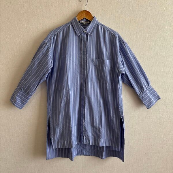 美品 23区 シャツワンピース ロングシャツ 36 ストライプ ブルー