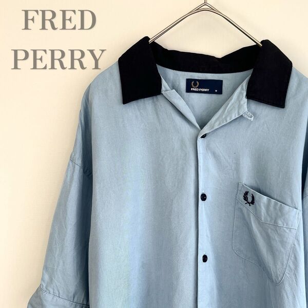 FRED PERRY フレッドペリー オープンカラーシャツ 開襟 半袖 ボーリングシャツ 刺繍 BLUE y2k 90 00