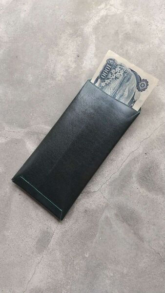 【ハンドメイド】革の宝石ルガトーレザーのヘソクリ袋(革封筒)グリーン
