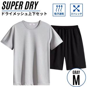 セットアップ上下 メンズ スポーツウェア メッシュ素材 吸汗速乾 半袖半パン ドライ グレー M