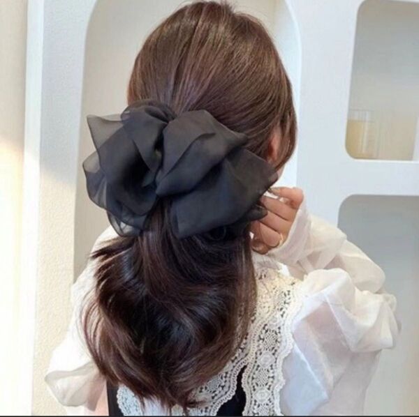 ブラック リボン シフォン ヘアバレッタ ヘアクリップ ヘアアクセサリー 大きめ