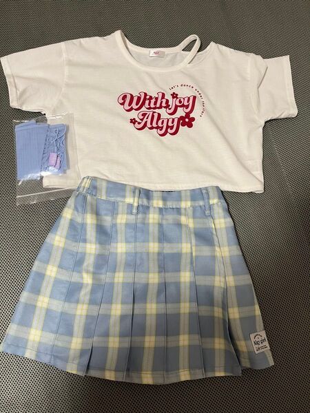 ALGY◆アルジー タンタケ Tシャツ&ラップキュロットスカート シアーアームカバー 150 接触冷感 短丈 S 肩あきオフショル