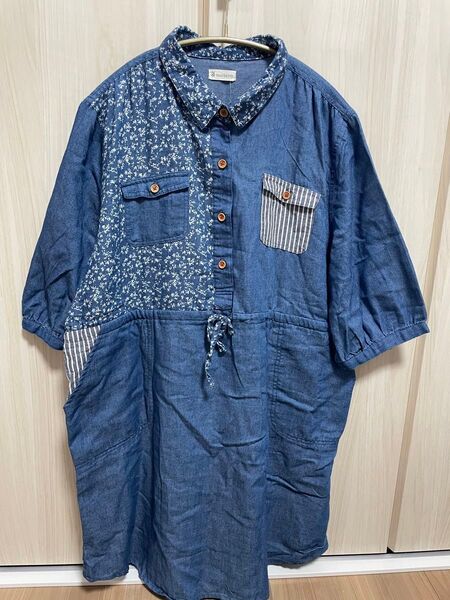 ソウルベリー ワンピース デニム 花柄 パッチワーク 半袖 シャツワンピース 半袖シャツ XL シャツ
