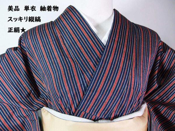 美品 単衣 紬着物 スッキリ縦縞 正絹 赤×白×紺色系 しつけ付き