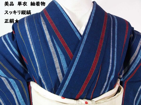 美品 単衣 紬着物 縦縞文様 正絹 水色×白×赤×青色ベース しつけ付き