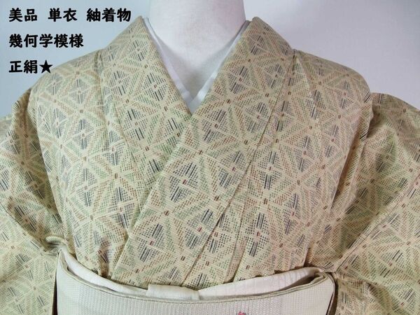 美品 単衣 紬着物 幾何学模様 正絹 白茶色系 しつけ付き