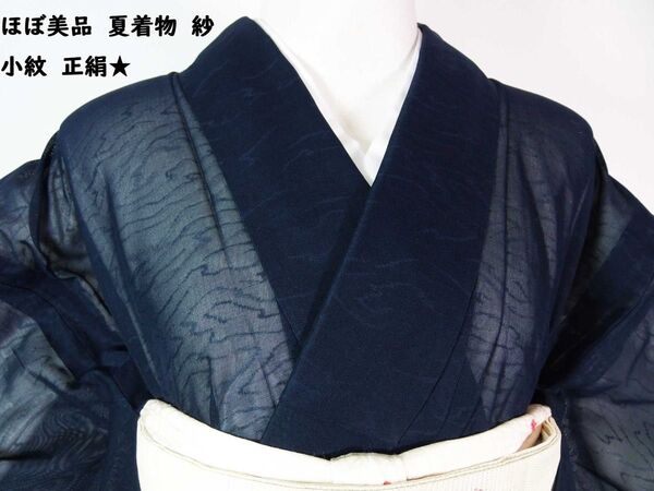 ほぼ美品 夏着物 紗 小紋 雲取り文様 正絹 紺色
