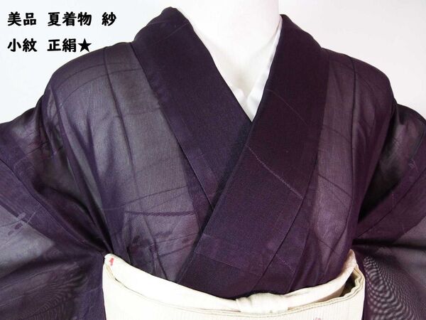 美品 夏着物 紗 小紋 露芝紋様 正絹 紫色系