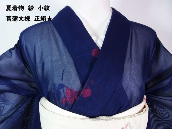 ほぼ美品 夏着物 紗 小紋 菖蒲文様 正絹 紺色系
