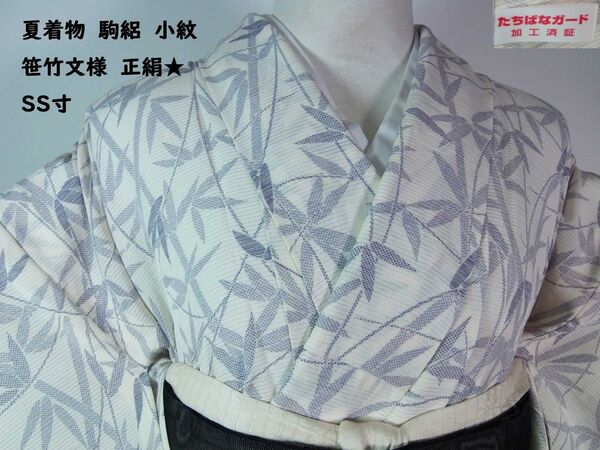 夏着物 小紋 駒絽 笹竹文様 正絹 オフホワイト SS寸 ガード加工済み