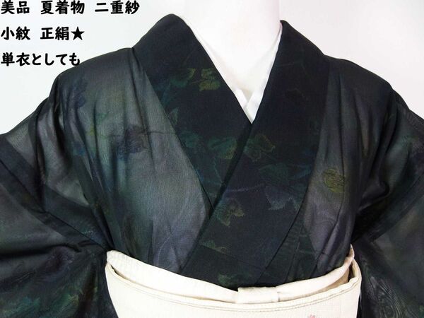 美品 夏着物 二重紗 小紋 蔦文様 正絹 黒×グリーン系 単衣の季節にも