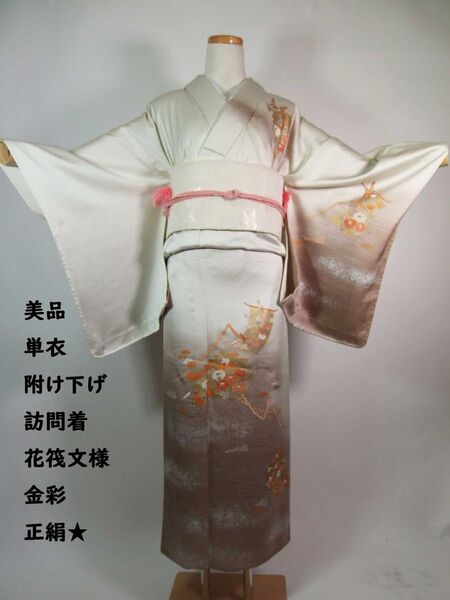 美品 単衣 附け下げ 訪問着 花筏文様 金彩 沙耶型地紋 着物 正絹 月白色