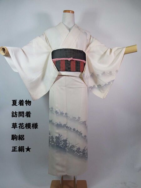 夏着物 附け下げ 訪問着 駒絽 正絹 草花文様 正絹 オフホワイト