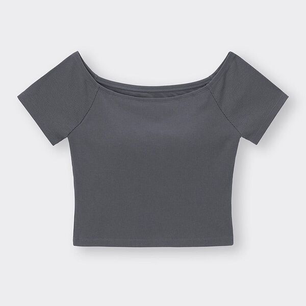ブラフィールクロップドオフショルダーT GU ジーユー L カップ パッド 付き Tシャツ ブラトップ 半袖