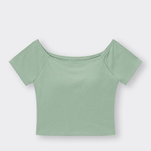 ブラフィールクロップドオフショルダーT GU ジーユー L カップ パッド 付き Tシャツ ブラトップ 半袖