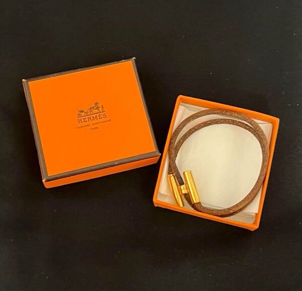 HERMES エルメス トゥルニス Hメタルバングル レザーブレスレット ブラウン