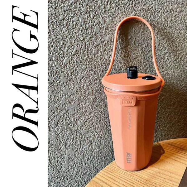 新品 TYESO タンブラー オレンジ 水筒 マグ 保温 保冷 ストロー付き ストラップ付き 蓋付き 持ち運び ステンレス
