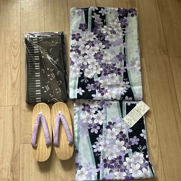 浴衣、下駄、巾着 3点セット レディース 桜柄 紫