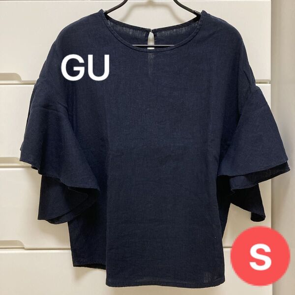 ジーユー GU リネンブレンドフレアスリーブブラウス 半袖 ネイビー 紺 トップス 袖フリル 麻 リネン 麻混 sサイズ