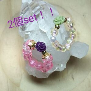 天然石リング 指輪 パワーストーンリング 開運 薔薇 クラック水晶 2点set