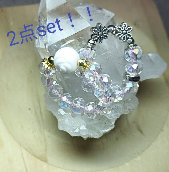天然石リング 指輪 パワーストーン リング 水晶多面カット シャコ貝 薔薇彫り 恋愛成就 2点set