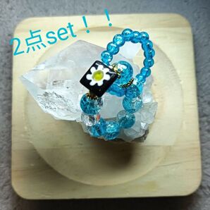天然石リング 指輪 パワーストーンリング 開運 心の安定 クラック水晶 水晶多面カット ミルフィオリ ガラスビーズ 2点set