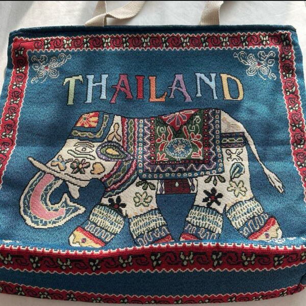 象の刺繍入りタイトートバッグ ビック ブルー THAILAND 48×42×12