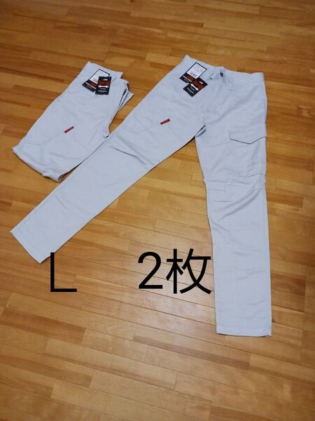 新品未使用 2枚組 作業ズボン 作業着下 ストレッチ Lサイズ(ウエスト82cm)シルバー(グレー)