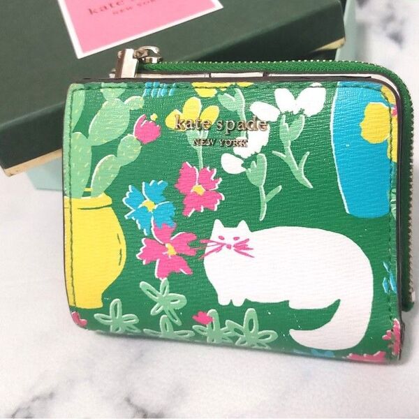 kate spade ケイト・スペード 二つ折り財布 ウォレット 小銭入れ 財布 猫 グリーン ガーデン コインケース