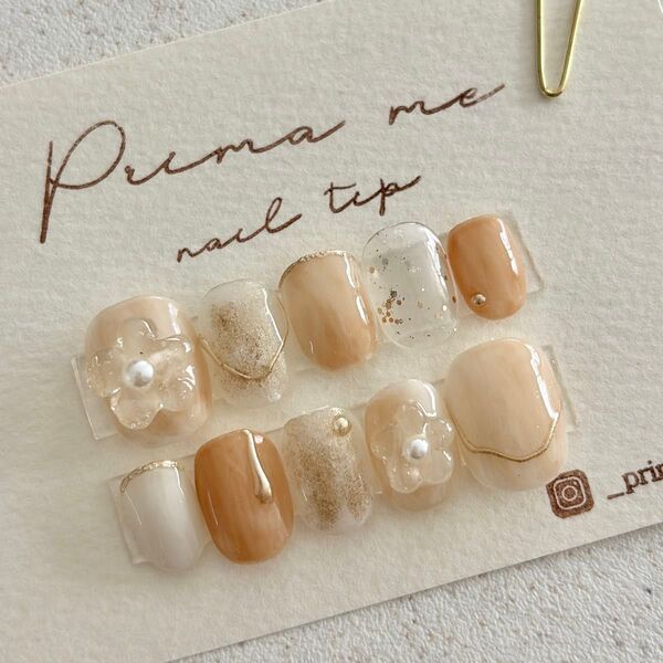 No.909 ネイルチップ ニュアンス ぷっくり フラワー 淡色