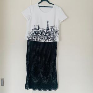ワンピース 半袖 黒 レース 白 Mサイズ Tシャツ 楽ちん カジュアル ロング