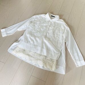長袖シャツ ホワイト 白 パール トップス カットソー レース 綺麗系 オシャレ