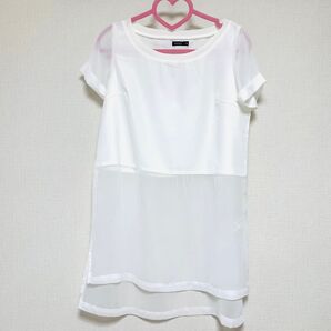 半袖 トップス シースルー 透け感 ロング カットソー 白 長め Tシャツ