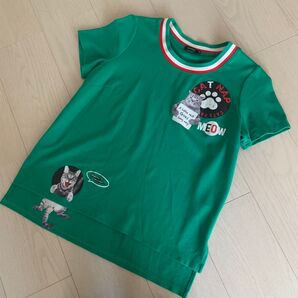 美品 半袖 トップス 猫好き 猫柄 ネコ柄 緑 カットソー