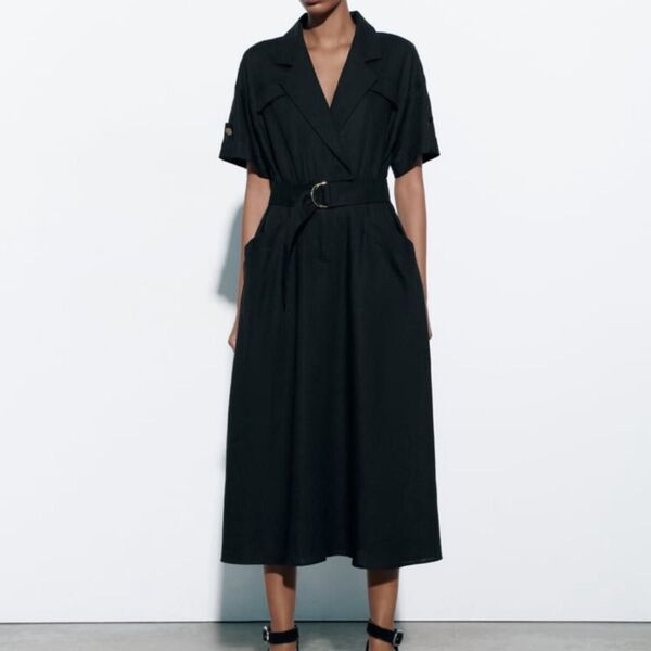 ZARA ベルト付きリネンブレンドシャツワンピース ブラック