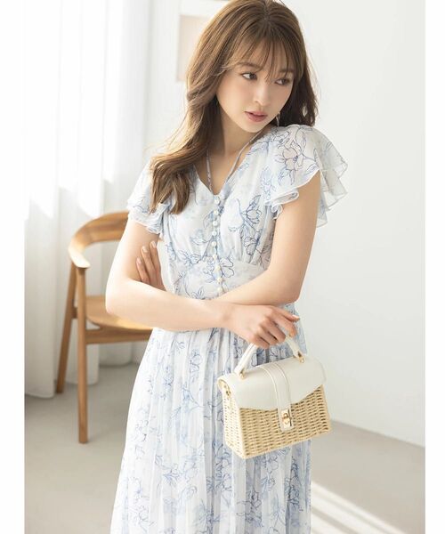 【新品タグ付】パール付きネックリボン水彩ラインフラワープリーツワンピース ブルー