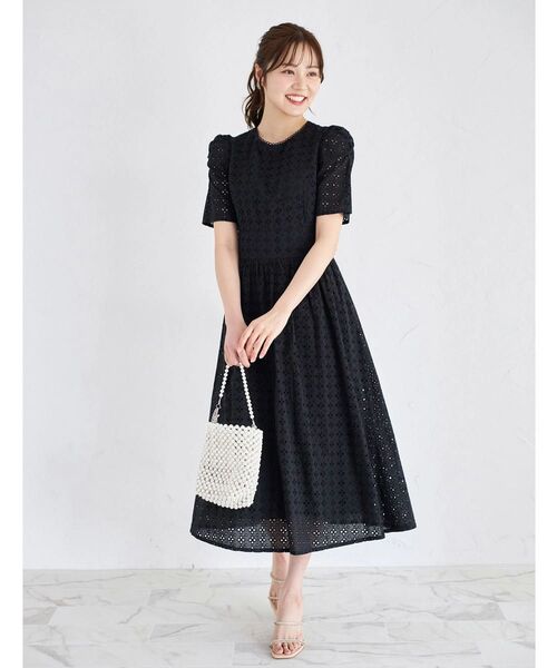 【新品】バックレースアップギャザースリーブカットワークレースワンピース ブラック