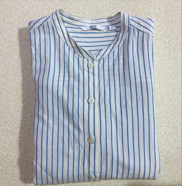 美品 Mサイズ UNIQLO 長袖シャツ スタンドカラー ストライプ