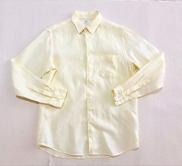 美品 Lサイズ UNIQLO 長袖シャツ プレミアムリネンシャツ 黄色