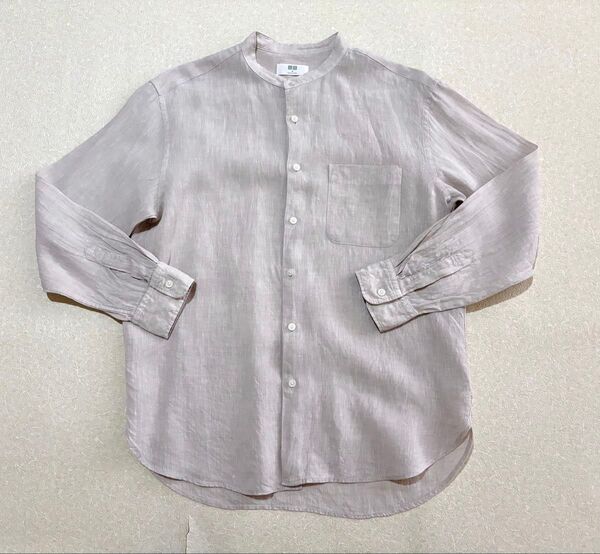 美品 Mサイズ UNIQLO 長袖シャツ プレミアムリネンシャツ ベージュ スタンドカラー
