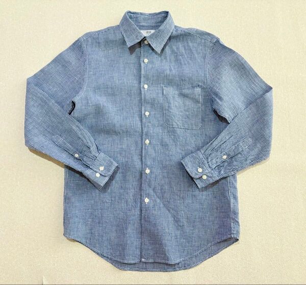 美品 Mサイズ UNIQLO 長袖シャツ リネンシャツ 紺白 ギンガムチェック