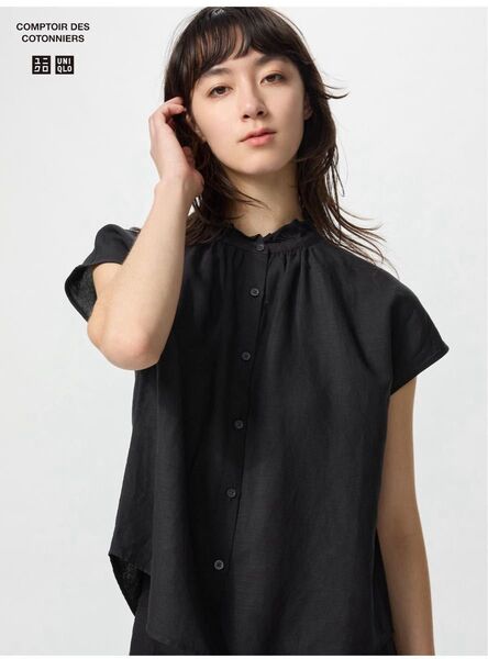 リネンブレンドフリルブラウス ユニクロ UNIQLO ブラック 黒 XXL 大きいサイズ 完売品 未着用