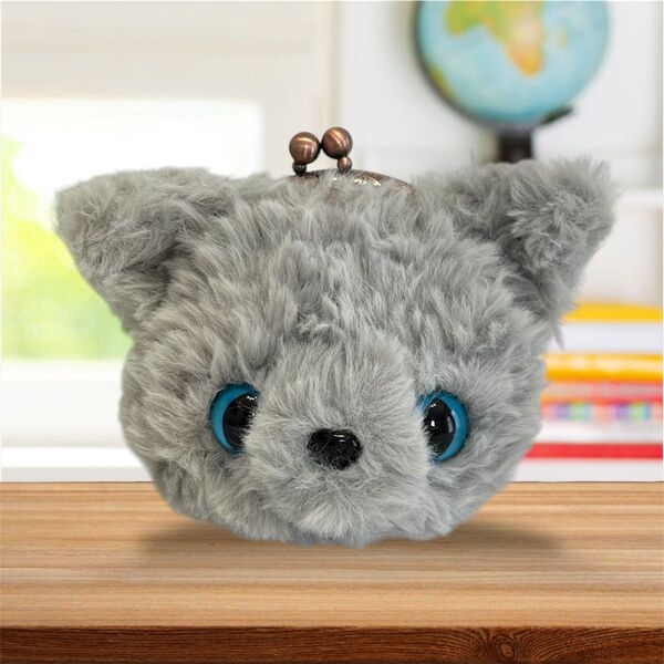 グレーの猫ちゃん あみぐるみがま口ポーチ 財布 エコーファー 編み物 ハンドメイド ぬいぐるみ