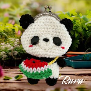 スイカ大好きパンダちゃん あみぐるみ がま口 キーホルダー ハンドメイド