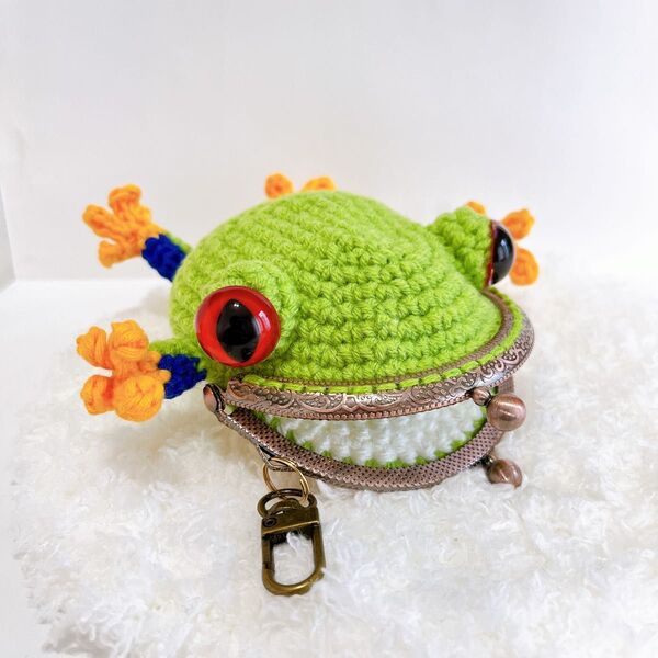 あみぐるみ がま口 カエル ハンドメイド アカメアマガエル ポーチ 小物入れ 財布 コインケース
