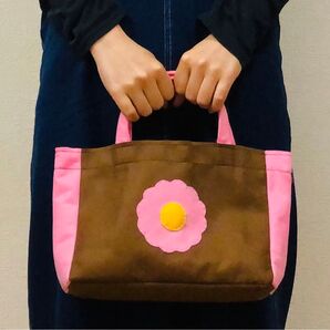 ハンドメイド フェルトのミニトートバッグ(ブラウン+ピンク)