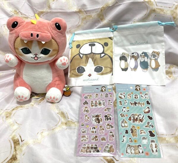 モフサンド かいじゅうにゃん BIGぬいぐるみ ピンク mofusand ぬいぐるみ キーホルダー シール ソフト巾着 セット